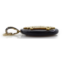 Victorian black enamel mourning pendant, with gold mounted monogrammed seed pearl decoration, retailed by W. Payne, 58 Queen Victoria Street, in fitted velvet and silk lined leather case
