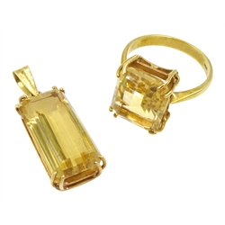 18ct gold emerald cut citrine ring, stamped 750 and a 17ct gold emerald cut citrine pendant