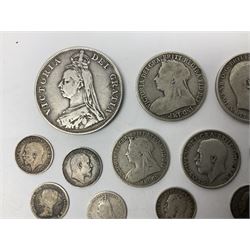 Approximately 100 grams of pre 1920 Great British silver coins, including Queen Victoria 1887 double florin, 1893 shilling, King Edward VII, various silver threepence pieces etc