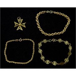 Gold Maltese cross pendant and bracelet and two rope twist bracelets, all 9ct