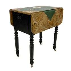 Victorian ebonised drop-leaf pot cupboard with later trompe l'oeil painted top, depicting marbled surface with baize cloth, playing cards and pencil, fitted with two drawers to one end and cupboard to the other with marble inset, on turned and faceted supports with brass castors