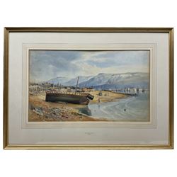 Lieutenant General Henry Francis Hancock (British 1834-1887): Coastal Landscape with Beached Ship and Figures, watercolour signed and dated 1880, 30cm x 53cm