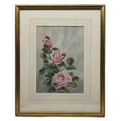 Emma M Saville (Sheffield 1884-1969): Still Life of Roses, watercolour signed, label verso 24cm x 34cm