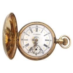 Gold full hunter keyless lever, ladies pocket watch by R. Lannier, No. 179362, white enamel dial with Roman numerals and subsidiary seconds dial, American case stamped 10K