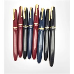 A collection of Parker fountain pens to include two Duofold, five Slimfold and one Junior, all having 14k nibs (8)