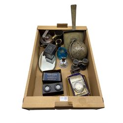 Commemorative Napoleon faience hand bell, Hawkeye Kodak camera, pair of binoculars, glass clock, bronzed incense ball and miscellanea in one box