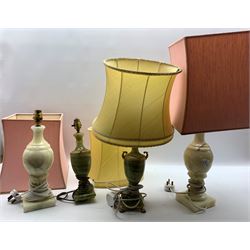Pair of Onyx table lamps, pair of alabaster table lamps and a cork table lamp