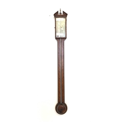 Georgian walnut stick barometer and thermometer, broken pediment with urn finial over quarter sawn veneered and boxwood and ebonised chequered inlayed case, visible mercury reservoir, silvered register inscribed 'Giusani, Wolverhampton' 