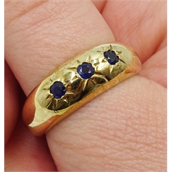 9ct gold sapphire three stone gypsy set ring, hallmarked