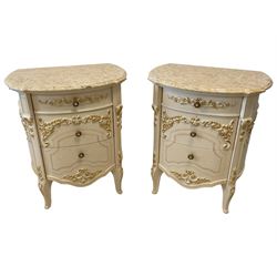 Barnini Oseo - pair French design 'Reggenza' bedside tables, demi-lune marble top, fitted with three graduating drawers, the facias moulded with gilt scrolled foliate decoration, raised on cabriole supports, in cream finish