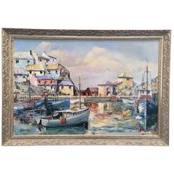 H Beadnell (British 20th century): Cornish Seaside Harbour, oil on canvas signed 59cm x 89cm