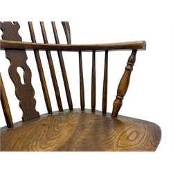 19th century elm and ash Windsor armchair, double hoop and stick back with pierced splat, dished seat on turned supports joined by H stretchers