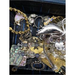 Victorian and later costume jewellery including a Ruskin type brooch, charm bracelet, glass beaded necklace, brass heart shaped locket, silver chains, Southport Women's Union St. League badge etc, with a small jewellery box 