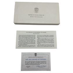 Republic of Panama proof nine coin set, dated 1976, from one centesimos to sterling silver twenty balboas coin, produced by The Franklin Mint, cased with certificate 