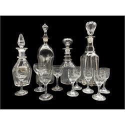 Holmegaard Cluck Cluck decanter, Victorian faceted decanter with a silver-plated Sherry label, a 19th century triple ring neck decanter, set of five Stag etched sherry glasses etc 