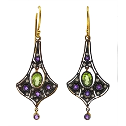  Pair of amethyst, peridot and diamond flared design pendant earrings  