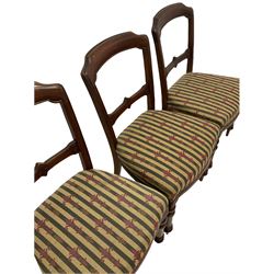 Set six Victorian mahogany dining chairs, the shaped cresting rail over carved rail back, seat upholstered in stripped fabric, raised on turned supports W47cm
