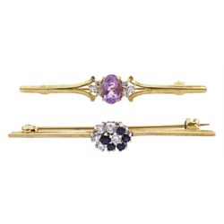 Gold sapphire and cubic zirconia cluster bar brooch and a gold amethyst and cubic zirconia brooch, both hallmarked 9ct