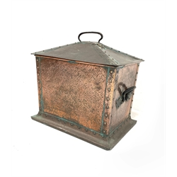 Arts & Crafts beaten copper coal box and cover, rectangular form with pitched and riveted top and applied wrought iron stylized handles, L54cm, H58cm, D38cm