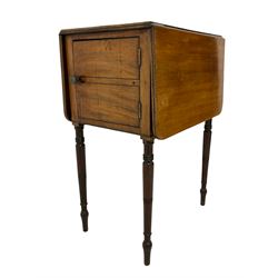 George III mahogany table, rectangular drop leaf top with rounded corners, ebony strung, fitted with single cupboard, raised on ring turned tapering supports 