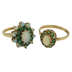 Two 9ct gold emerald and opal cluster rings, both hallmarked