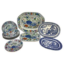 19th century Mason's Ironstone 'Grasshopper' pattern meat platter & strainer, five dinner plates and two side plates, together with two blue and white oval platters 