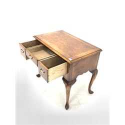 George II style walnut lowboy, cross banded and herringbone inlaid top over three drawers, shaped apron and shell carved cabriole supports W81cm, H72cm, D48cm