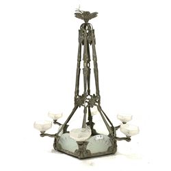 Early 20th century French hexagonal cast metal electrolier, the frame decorated with buds and leaves, with Art Deco design etched glass panels and sconces, H91cm
