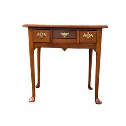 George III mahogany lowboy, fitted with three drawers over shaped apron, raised on turned supports with pad feet 75cm x 50cm, H733cm