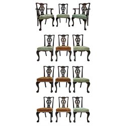 Set of twelve early to mid-19th century mahogany dining chairs, the shaped cresting rail carved with leaf motifs to corners and centre, on moulded uprights, pierced vase shaped splat carved with c-scrolls and shells, the carvers with shaped arms with scroll carved terminals on moulded supports, upholstered seats with lower gadroon carved moulding, on shell and acanthus carved cabriole supports with ball and claw feet, two carvers and ten side chairs 