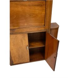 Early 20th century Art Deco walnut and mahogany bureau, fall-front enclosing eight pigeonholes, bottom section with two cupboard doors enclosing single shelf flanked by two corner cupboards