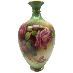 Early 20th century Royal Worcester vase by Walter H. Austin, the ovoid form body hand painted with roses against a faded green ground, signed W. H. Austin, upon circular foot, puce printed marks beneath including shape number 294 and date code for 1914, H27cm

