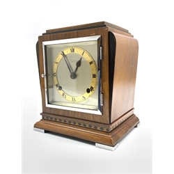 Earl 20th century Art Deco period walnut cased presentation clock, silvered dial with Roman numeral chapter ring inscribed 'Oldfields of London, eight day twin train movement stricking hammer on coil, W18cm