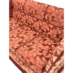 20th century Knole drop end three seat sofa upholstered in claret foliage patterned damask fabric, W191cm, D84cm (closed)