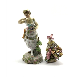  Rudolstadt female figure holding a basket of flowers H25cm and another Continental figure holding flowers H13cm  