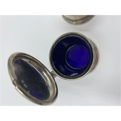 Silver three piece circular condiment set with blue glass liners Birmingham 1929 Maker Docker & Burn 1.6oz