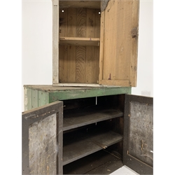  19th century green painted pine wall cupboard with two panelled doors enclosing two shelves, (W80cm H70cm D45cm) and another pine wall cupboard, (W43cm)  