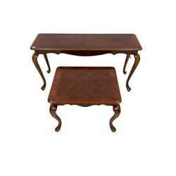 Cherry wood side table, moulded rectangular top over shaped frieze, on cabriole supports (133cm x 44cm, H68cm), and a matching occasional table (69cm x 57cm, H53cm)