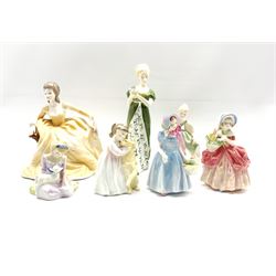Seven Royal Doulton figures comprising Fair Maiden, Buddies, Tootles, Cissie, Wendy, Veneta and Mary Had a Little Lamb, together with Coalport Ladies of Fashion figure 'Elizabeth' (8)