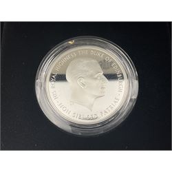 Three The Royal Mint United Kingdom 2017 silver proof coins, comprising 'Nations of the Crown' one pound, 'Nations of the Crown' piedfort one pound' and 'Prince Philip Celebrating a Life of Service' five pounds, all cased with certificates (3)