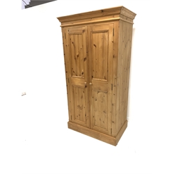 Pine double wardrobe/cupboard, two panelled doors enclosing interior fitted for hanging, W101cm, H192cm, D62cm