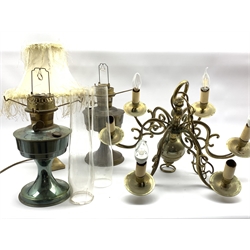Brass six light electrolier, two oil lamps and four various table lamps