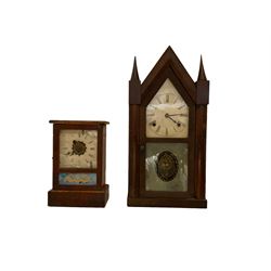 American - Two 19th century shelf clocks, one 30-hour with an alarm and another with an eight-day striking movement striking the hours on a gong. With pendulums.
