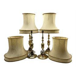 Set of four gilt brass table lamps with shades H81cm overall (4)