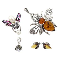 Silver amber bug pendant, plique-a-jour and pear bug brooch, marcasite and pear pendant and a pair f amber and marcasite stud earrings, all stamped 925 (4)
