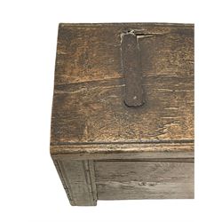 17th century and later plank oak chest, iron strapped, boarded lid with iron strap hinges, stile supports with moulded decoration 