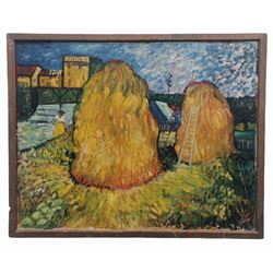 After Vincent Van Gogh (Dutch 1853-1890): 'Haystacks', oil on board signed with monogram 'vcmd' 76cm x 59cm