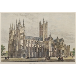 After George Morland (British 1763-1804): 'Blind Man's Buff', colour mezzotint by Clifford R James signed in pencil with Print Sellers Association blindstamp 42cm x 53cm; 'Canterbury Cathedral', 19th century hand-coloured engraving 35cm x 52cm (2)