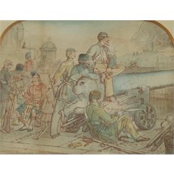 After Sir Joseph Noel Paton (Scottish 1821-1901): British Army Troops gathered around a Cannon, hand-coloured print 22cm x 29cm