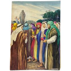 Helen Jacobs BWS (British 1888-1970): Jesus in Palestine - 'Then Jesus Began to Speak' 'A Glorious Light Shone About Them' 'The Samaritan Bound up his Wounds' and 'The Quarrelling Broke Out Again' set four watercolour illustrations for Freda Collins' book of the same title pub. 1948, the former illustrated on the frontispiece, the second unused, 38cm x 27cm, together with a first edition copy of the book (5) (unframed)